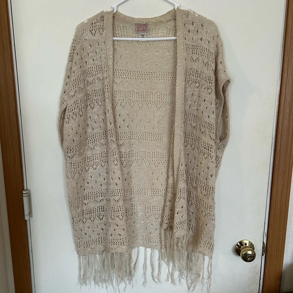 Canyon River blue large open front cream, bohemian cardigan